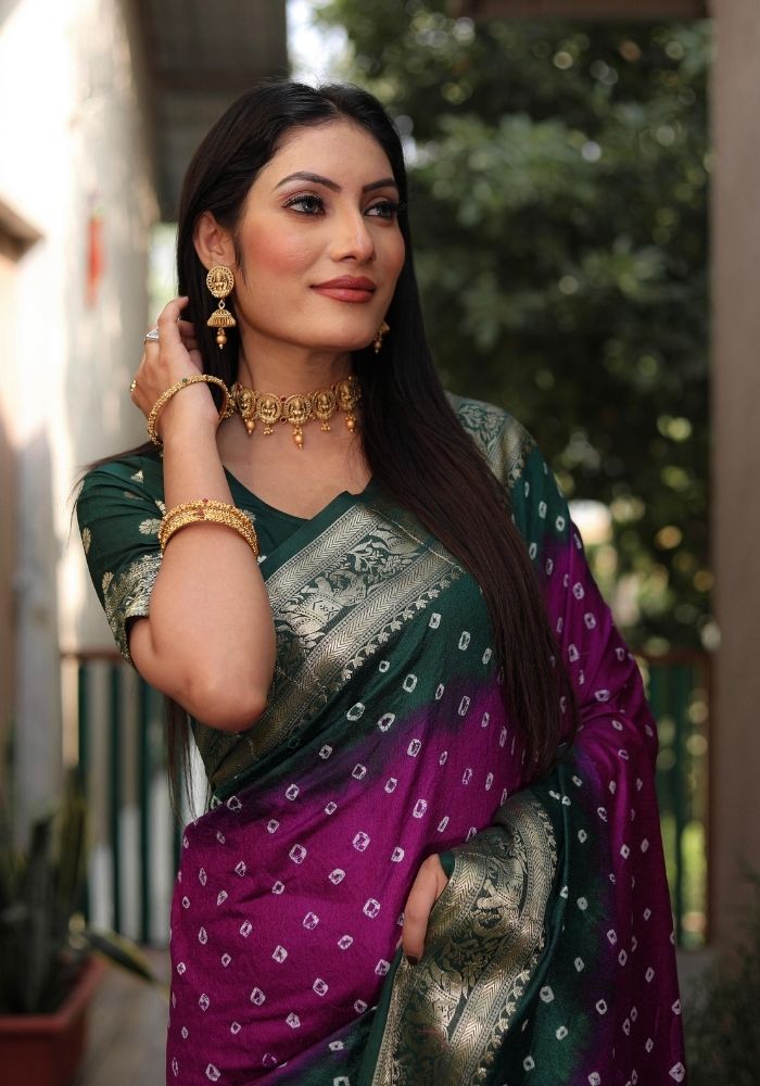 Ziyana B.green Rani Bandhej Silk Saree