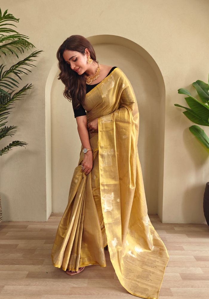 Varnika – Dark Biege Banarasi Soft Tissue Silk Saree of Subtle Charm