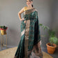Elegantly Green Color Woven Silk Saree with Silver, Copper, and Antique Detailing