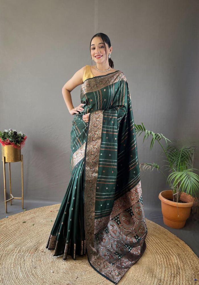 Elegantly Green Color Woven Silk Saree with Silver, Copper, and Antique Detailing