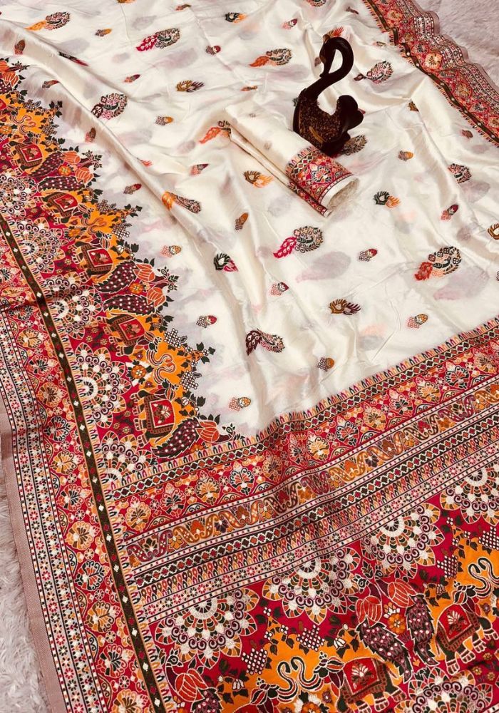 Fantabulous Beige Pashmina Saree With Radiant Blouse Piece