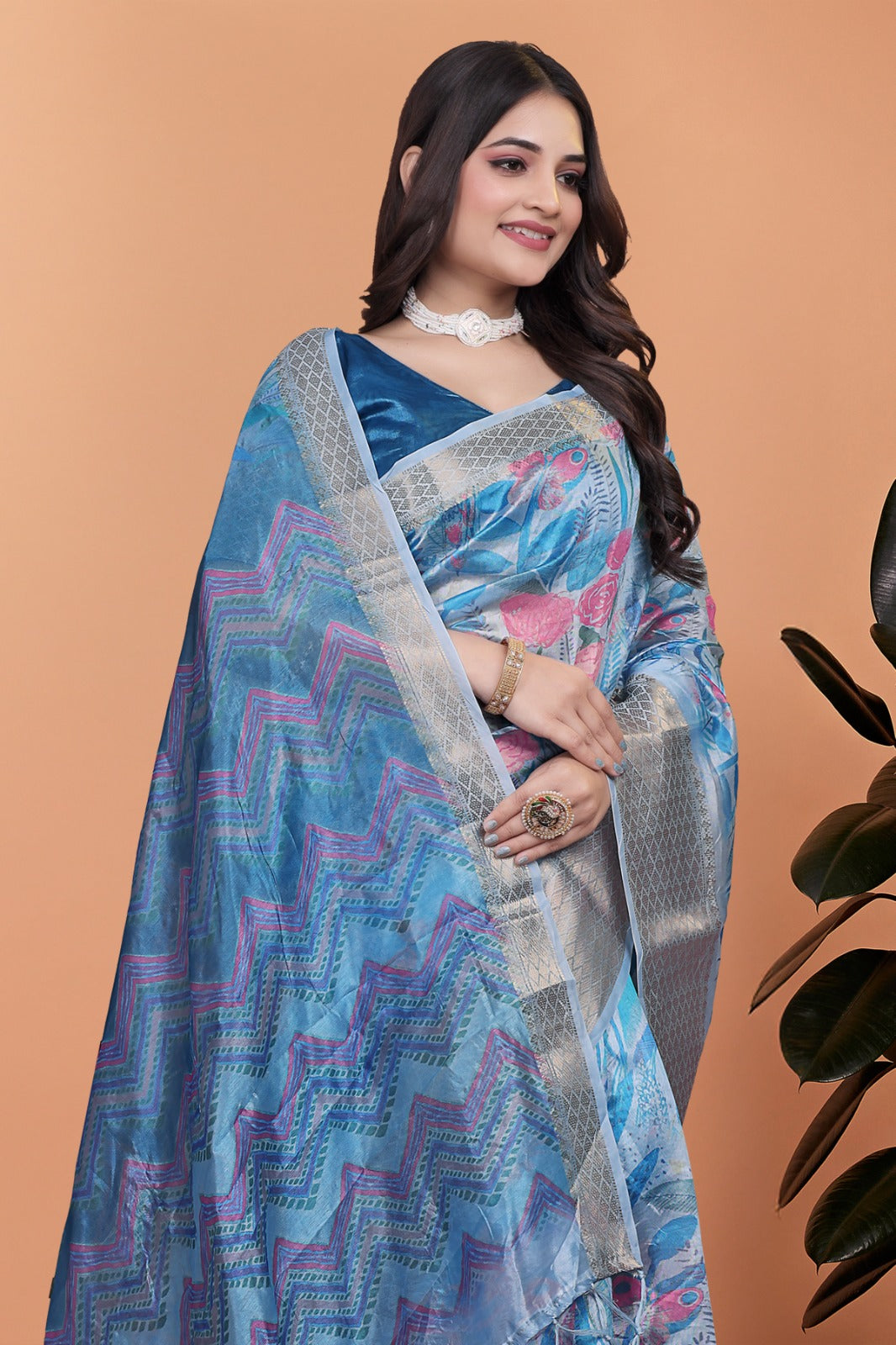Amaya Sky Blue Digital Silk saree