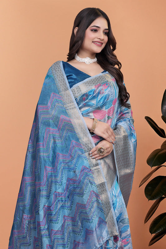 Amaya Sky Blue Digital Silk saree