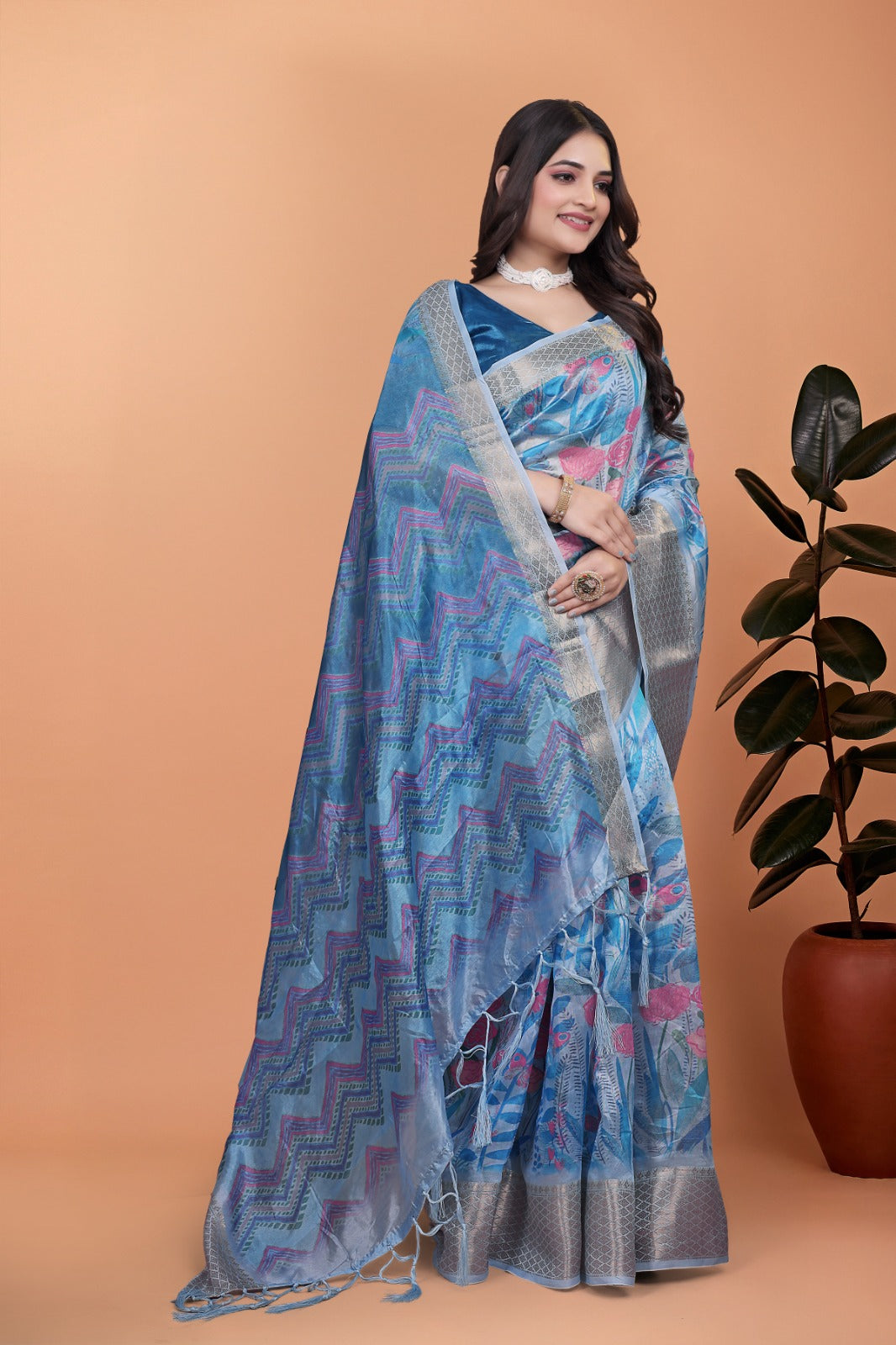 Amaya Sky Blue Digital Silk saree