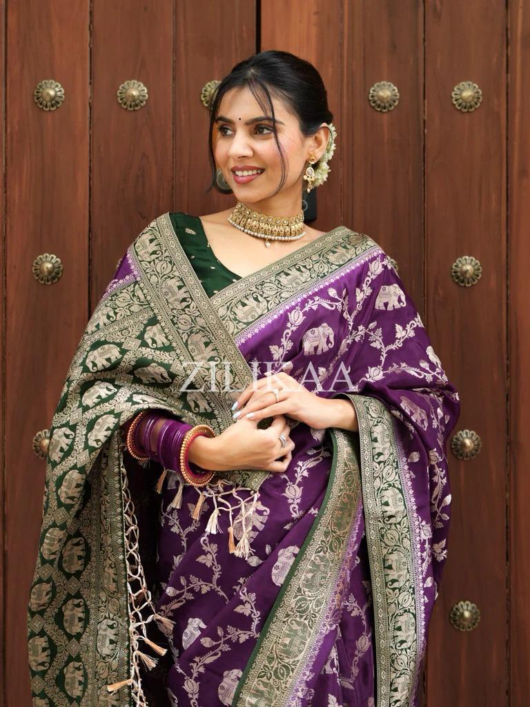 Anvitha – Wine Banarasi Silk Saree with Zari Weaving