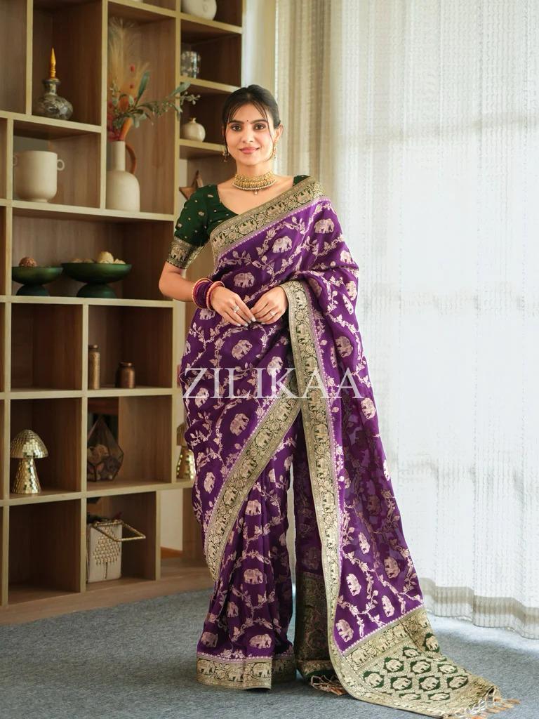 Anvitha – Wine Banarasi Silk Saree with Zari Weaving