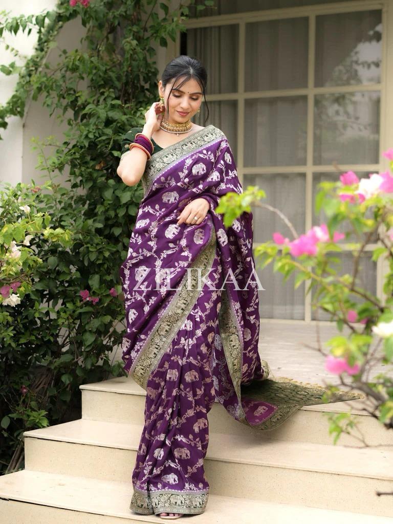 Anvitha – Wine Banarasi Silk Saree with Zari Weaving