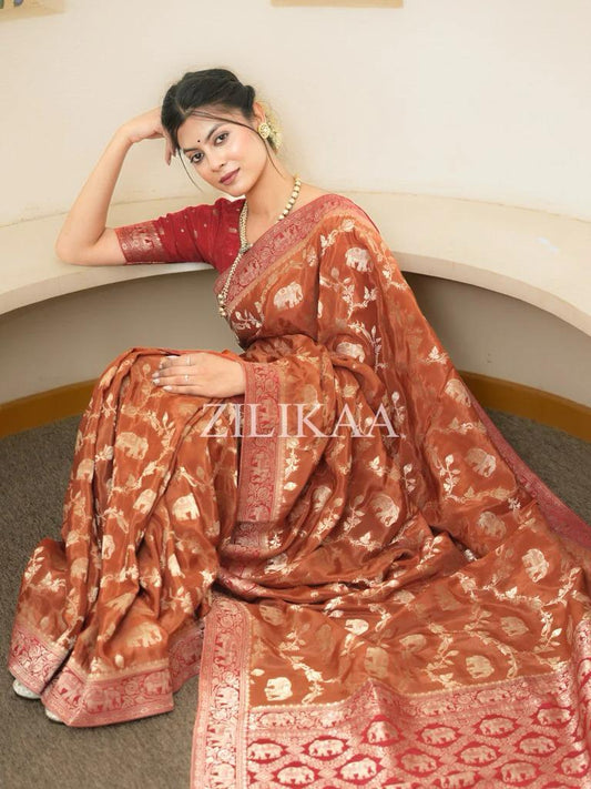 Anvitha – Rust Brown Banarasi Soft Silk Saree With Zari Weaving