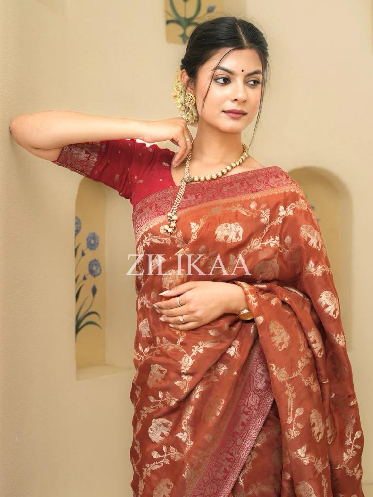 Anvitha – Rust Brown Banarasi Soft Silk Saree With Zari Weaving
