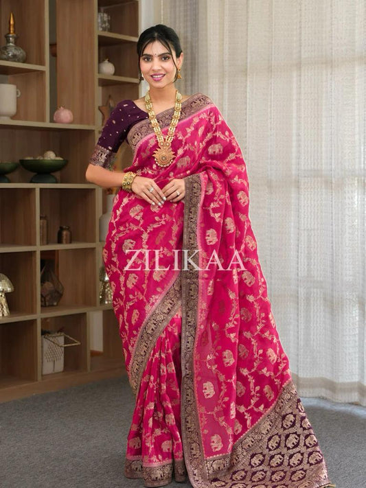 Anvitha – Dark Pink Banarasi Silk Saree with Zari Weaving