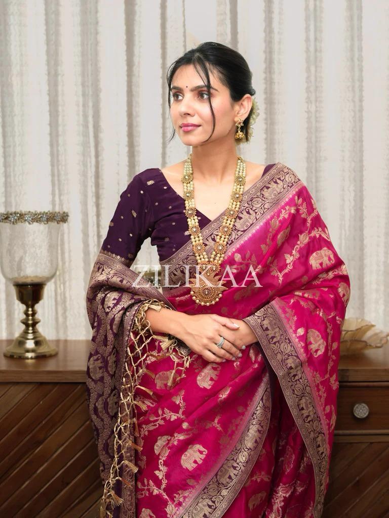 Anvitha – Dark Pink Banarasi Silk Saree with Zari Weaving