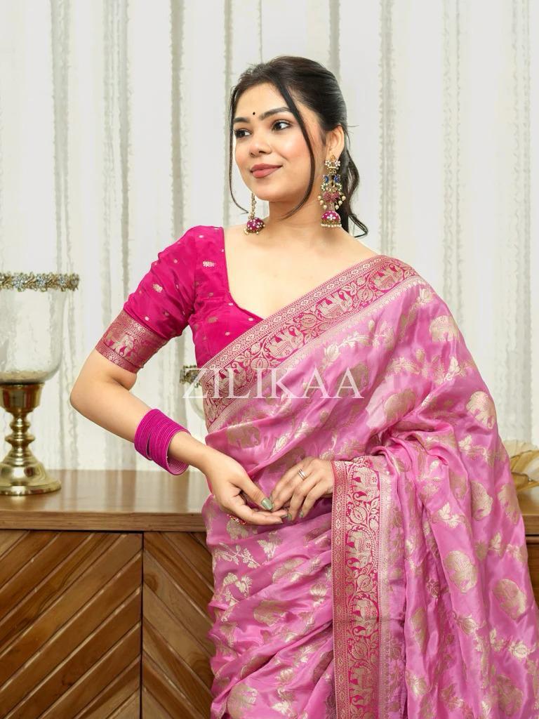 Anvitha – Baby Pink Banarasi Silk Saree with Zari Weaving