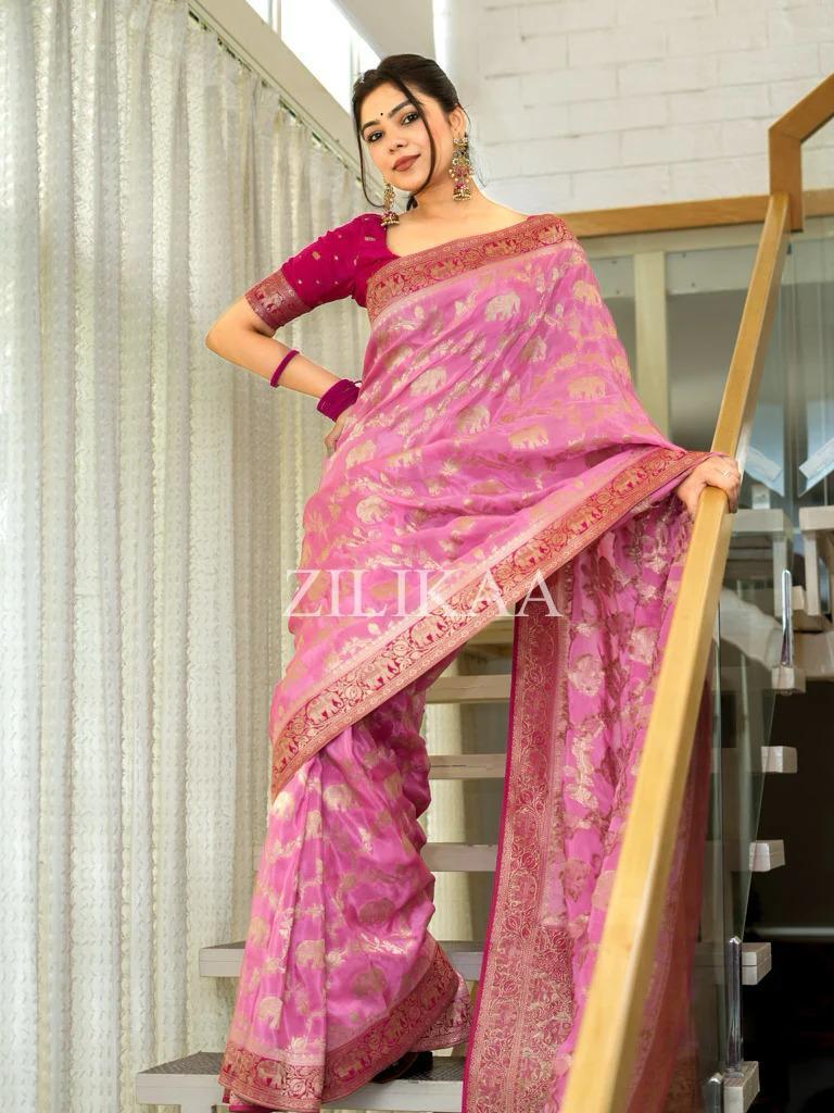Anvitha – Baby Pink Banarasi Silk Saree with Zari Weaving