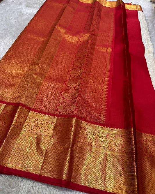 Varnika – Red Kanjivaram Silk Saree with Emerald Zari Border