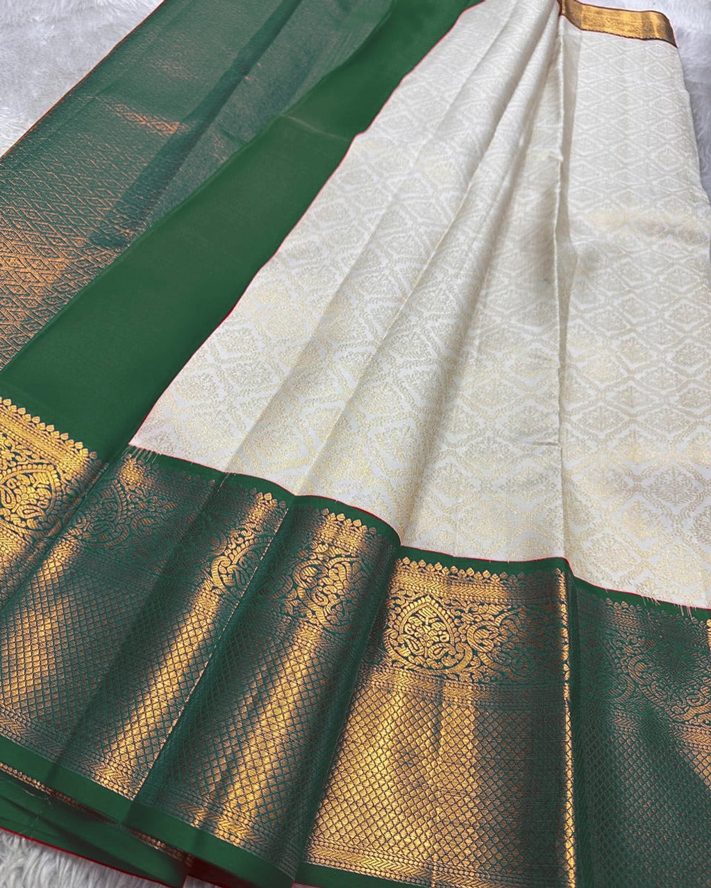Varnika – Ivory Kanjivaram Silk Saree with Emerald Zari Border