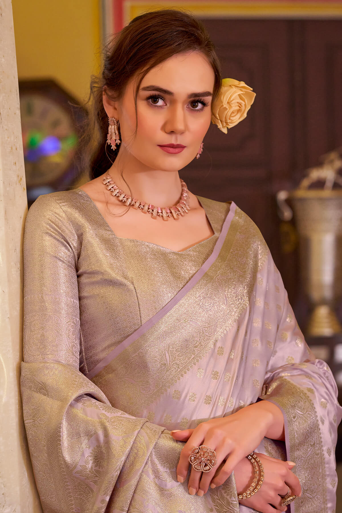 Imbrication Lavender Banarasi Satin Silk Saree With Smashing Blouse