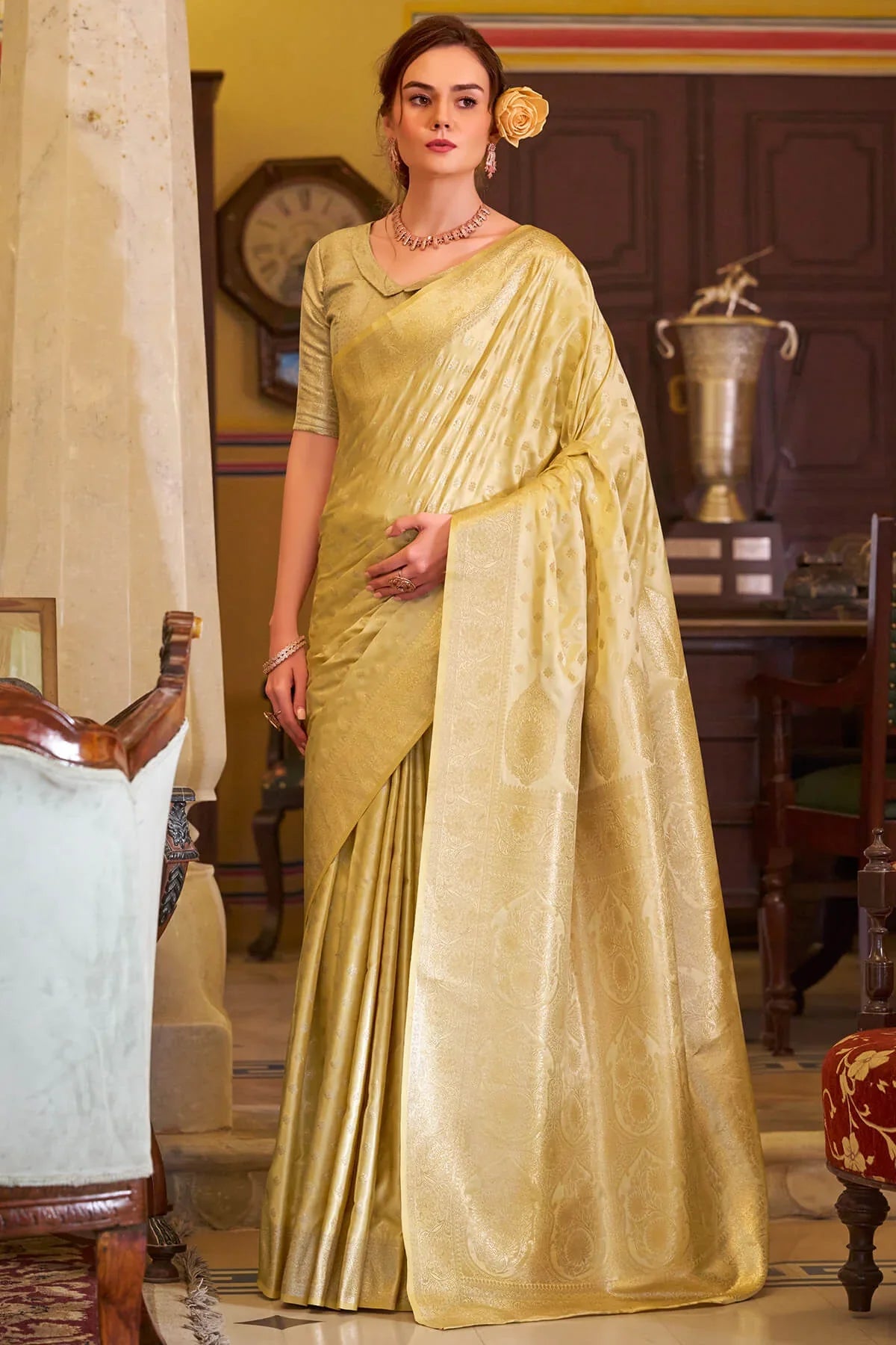 Imbrication Yellow Banarasi Satin Silk Saree With Smashing Blouse