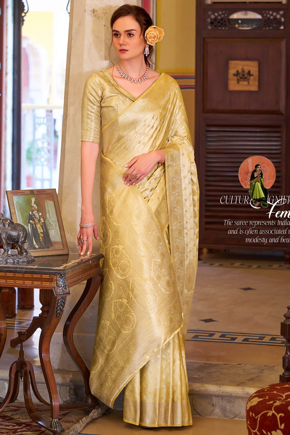 Imbrication Yellow Banarasi Satin Silk Saree With Smashing Blouse