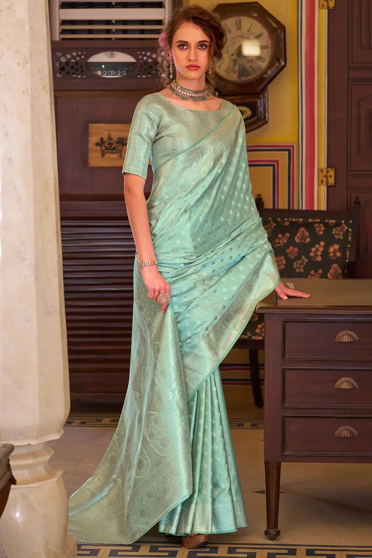 Imbrication Sea Green Banarasi Satin Silk Saree With Smashing Blouse