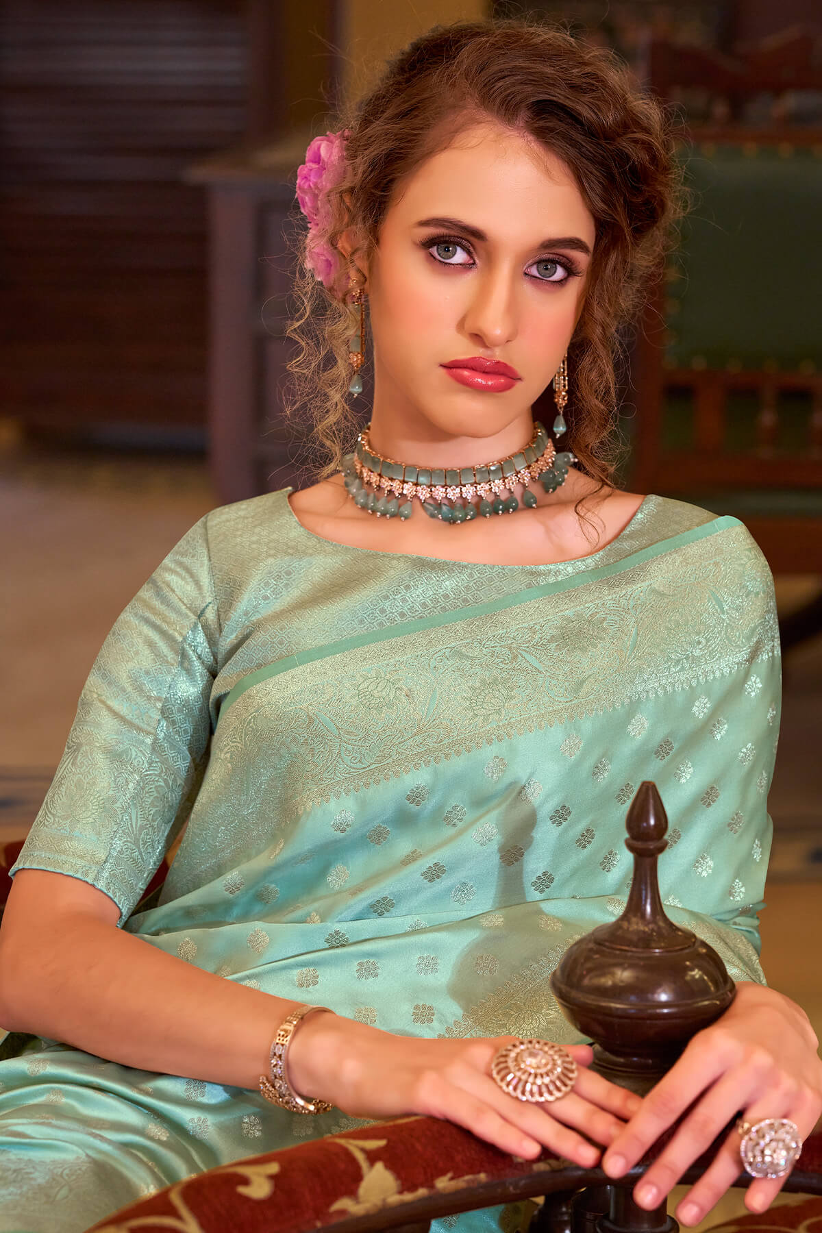 Imbrication Sea Green Banarasi Satin Silk Saree With Smashing Blouse