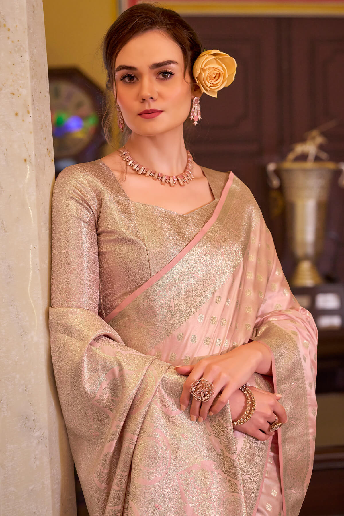 Imbrication Baby Pink Banarasi Satin Silk Saree With Smashing Blouse