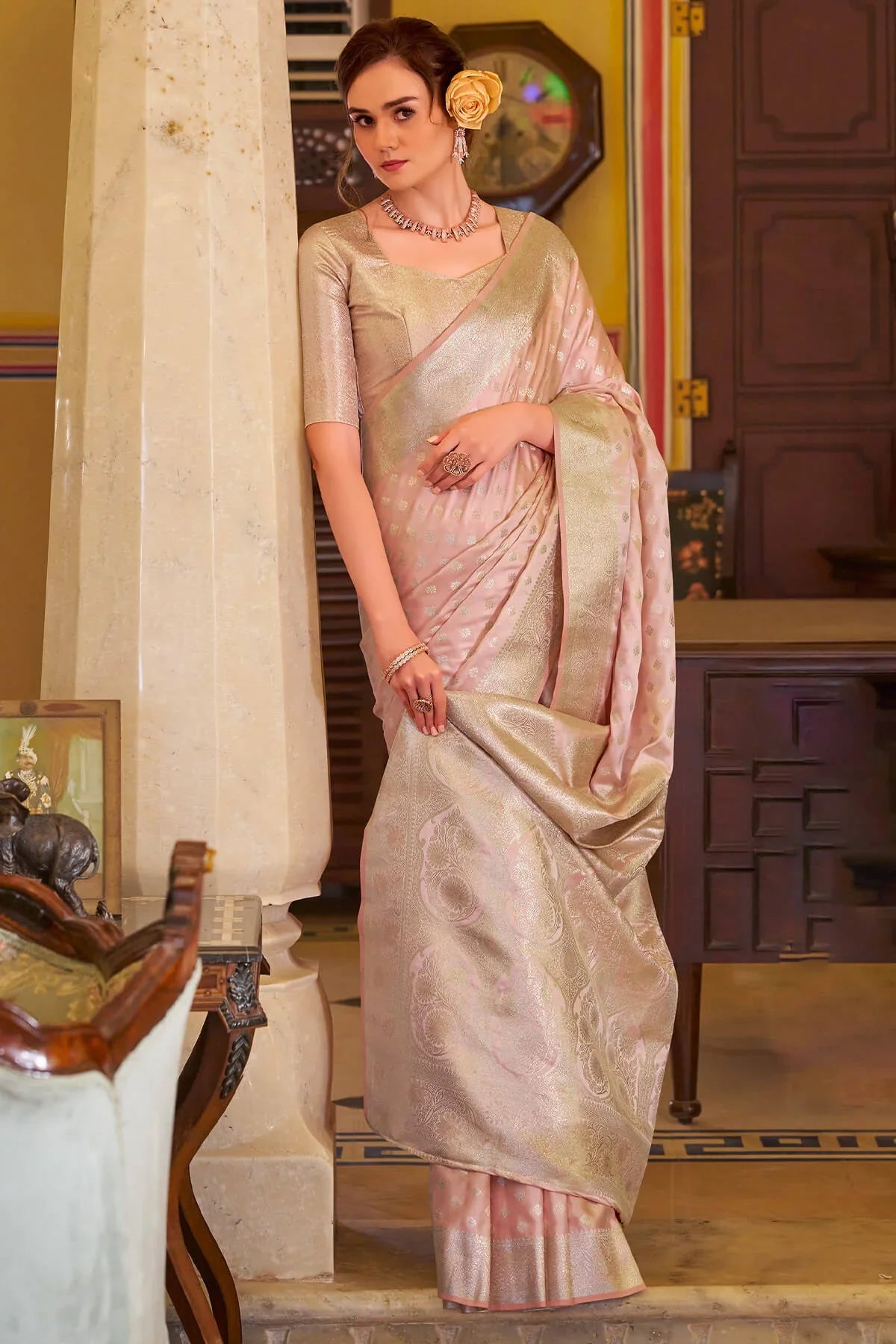 Imbrication Baby Pink Banarasi Satin Silk Saree With Smashing Blouse