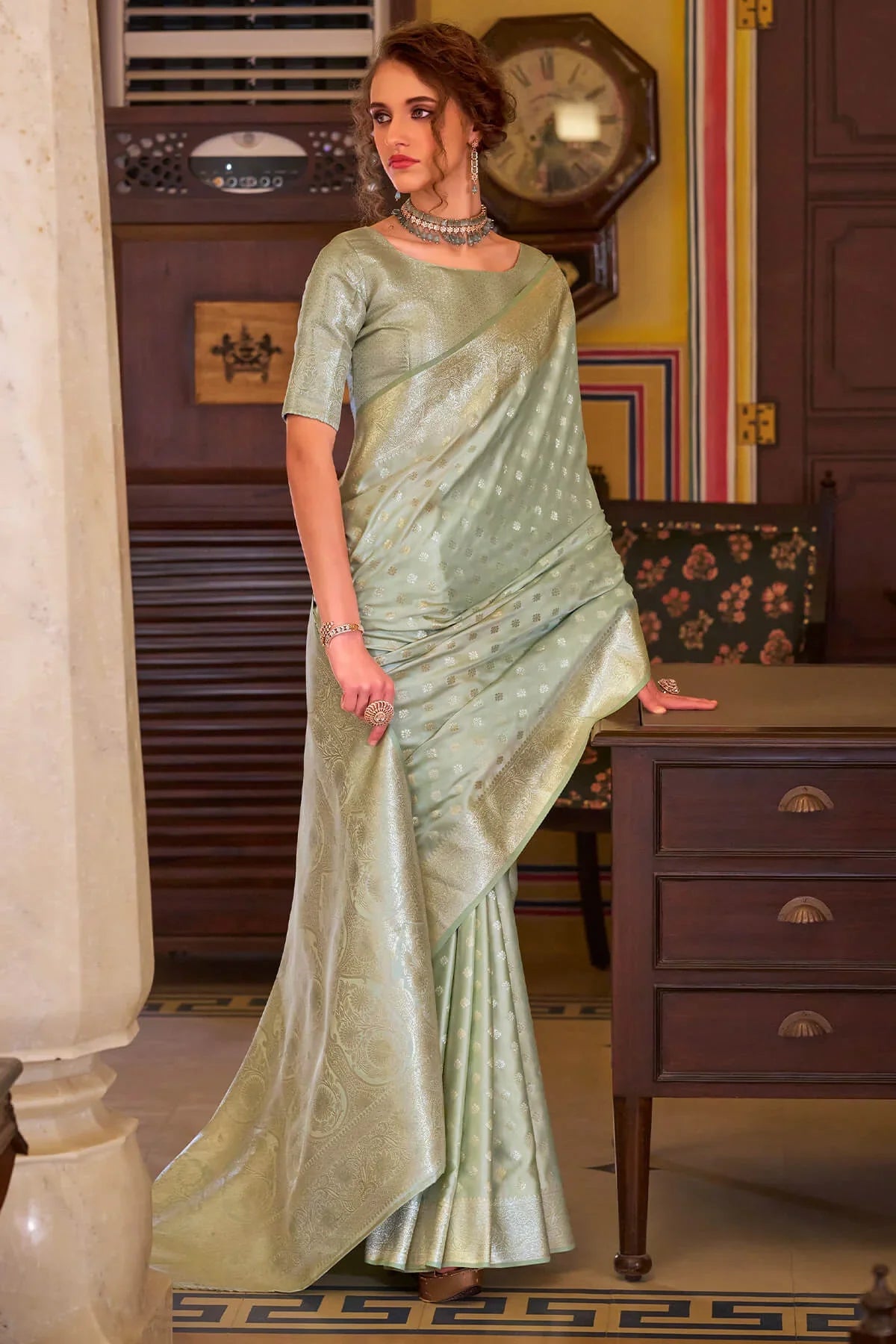 Imbrication Pista Banarasi Satin Silk Saree With Smashing Blouse