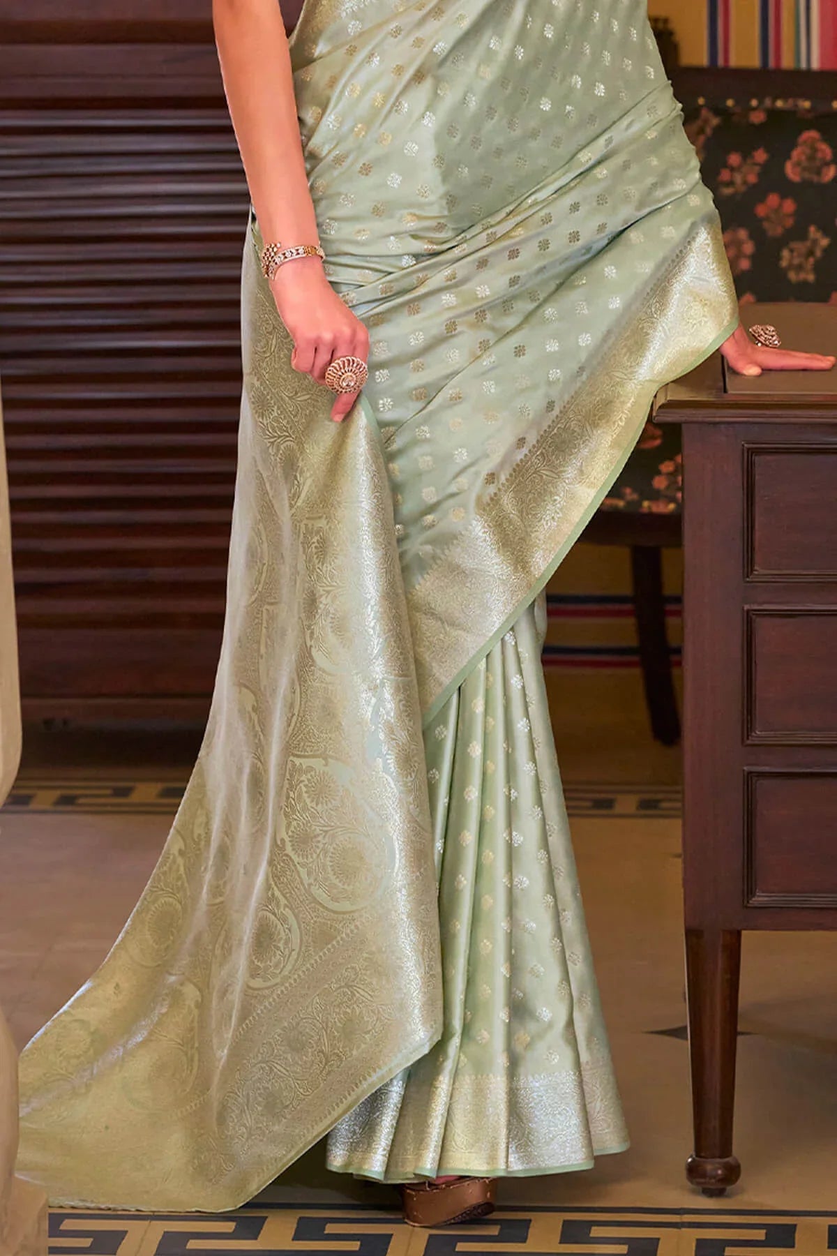 Imbrication Pista Banarasi Satin Silk Saree With Smashing Blouse