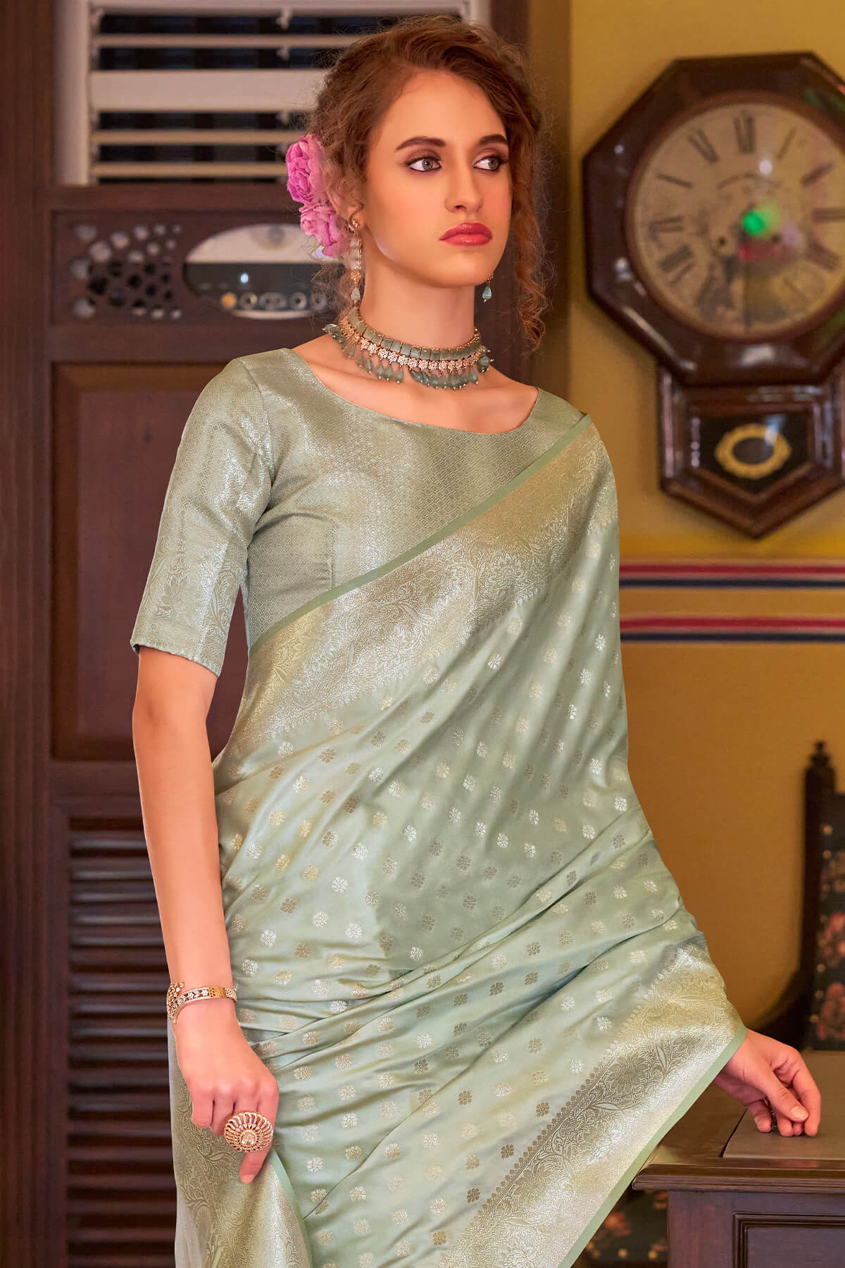 Imbrication Pista Banarasi Satin Silk Saree With Smashing Blouse