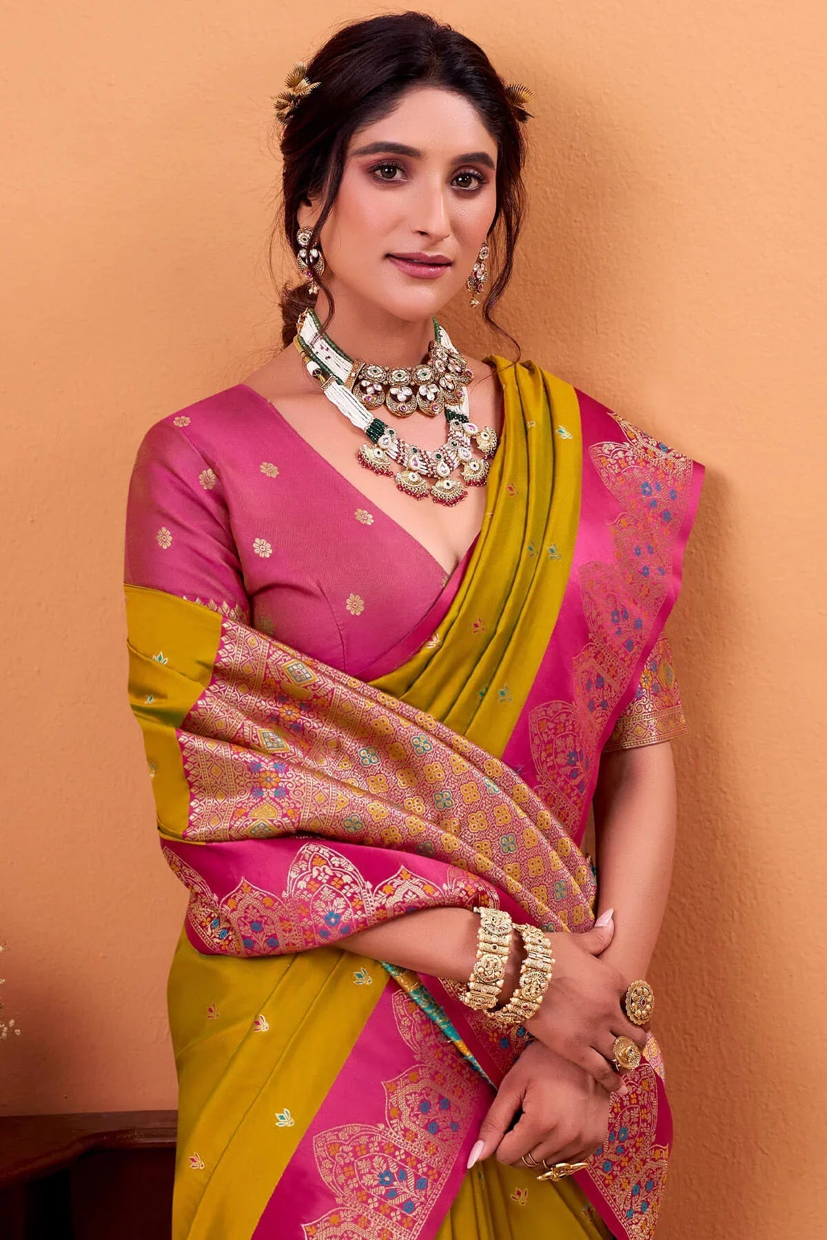 Ratatouille Mustard Banarasi Satin Silk Saree With Forbearance Blouse