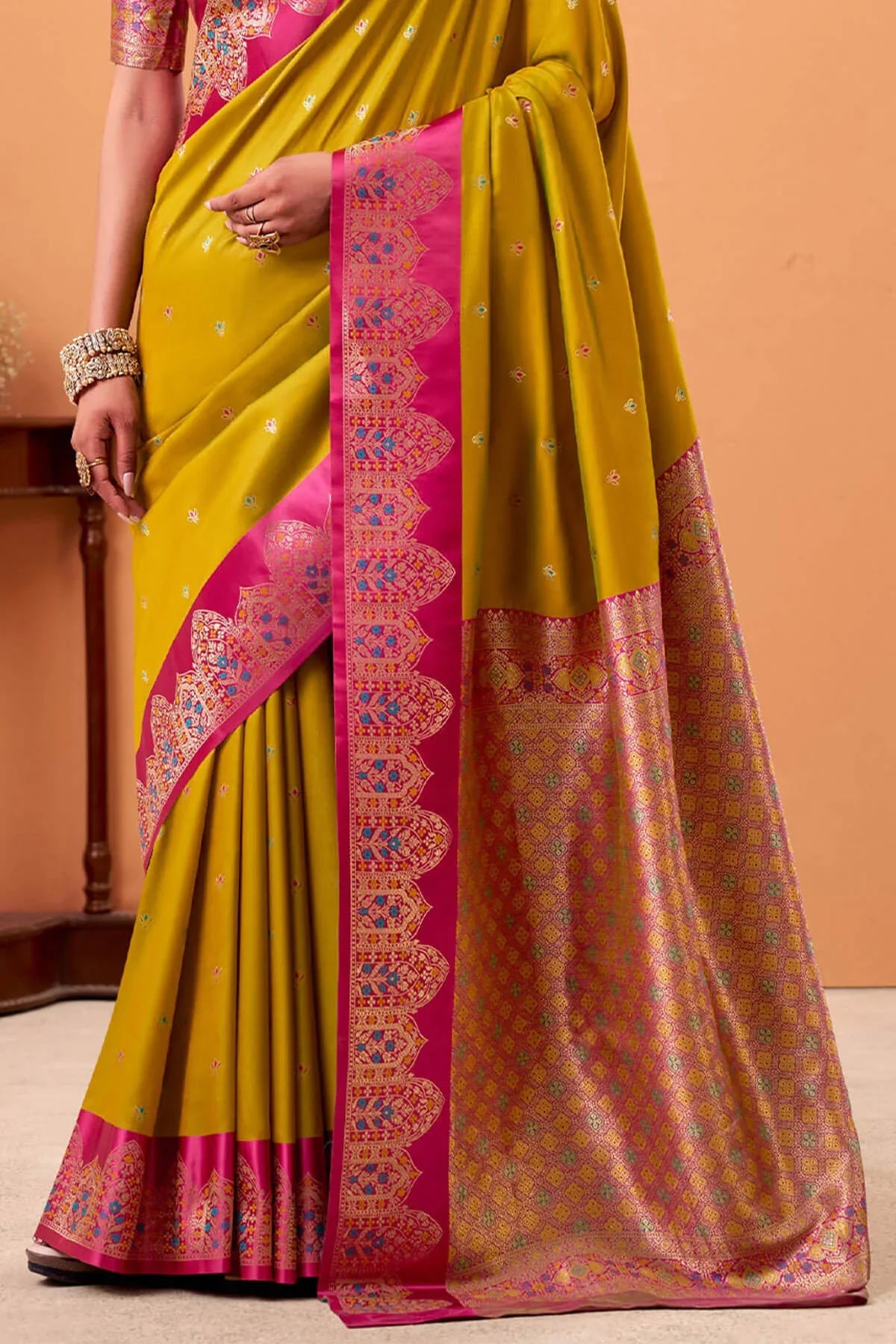 Ratatouille Mustard Banarasi Satin Silk Saree With Forbearance Blouse
