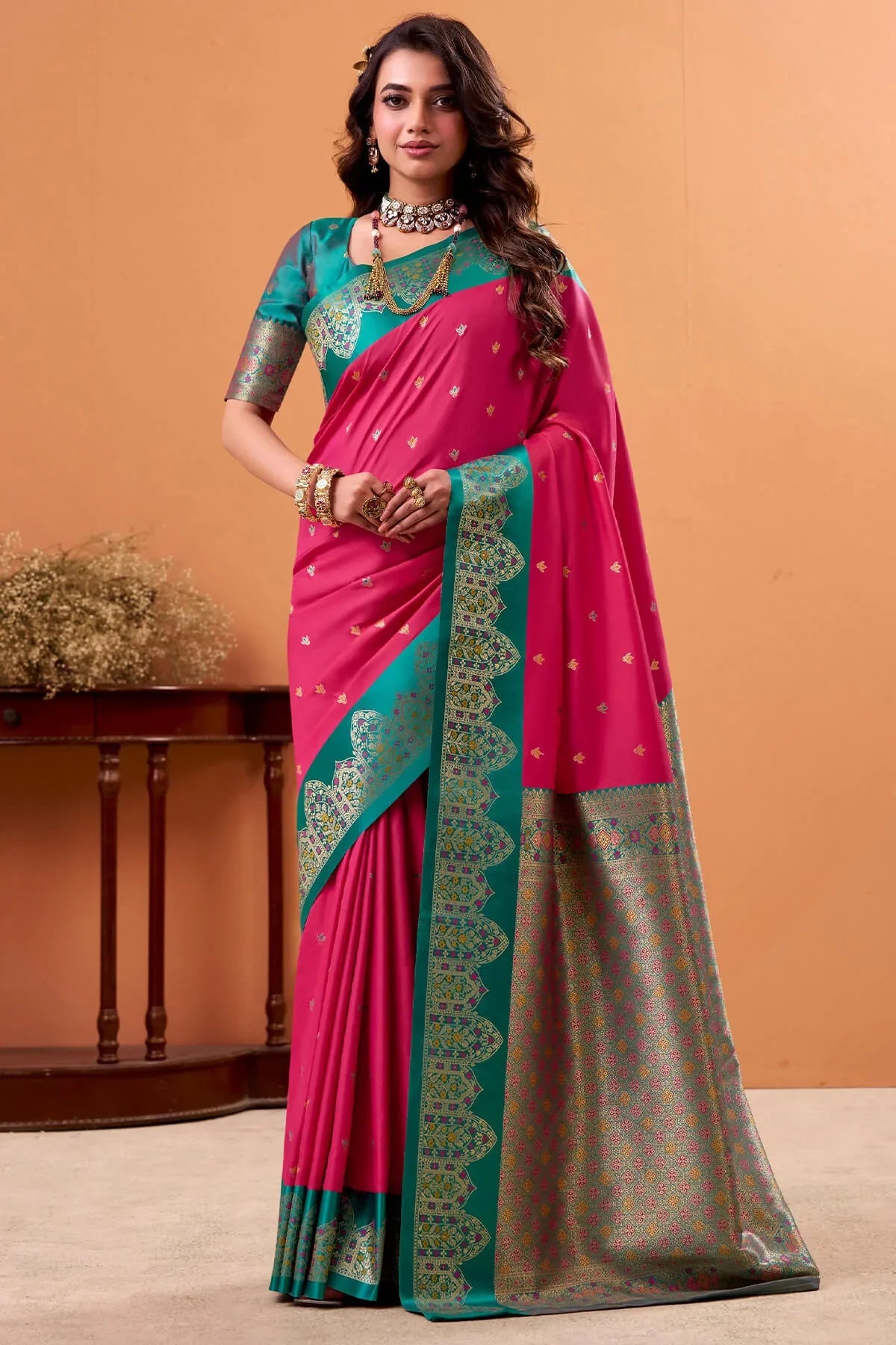 Ratatouille Dark Pink Banarasi Satin Silk Saree With Forbearance Blouse