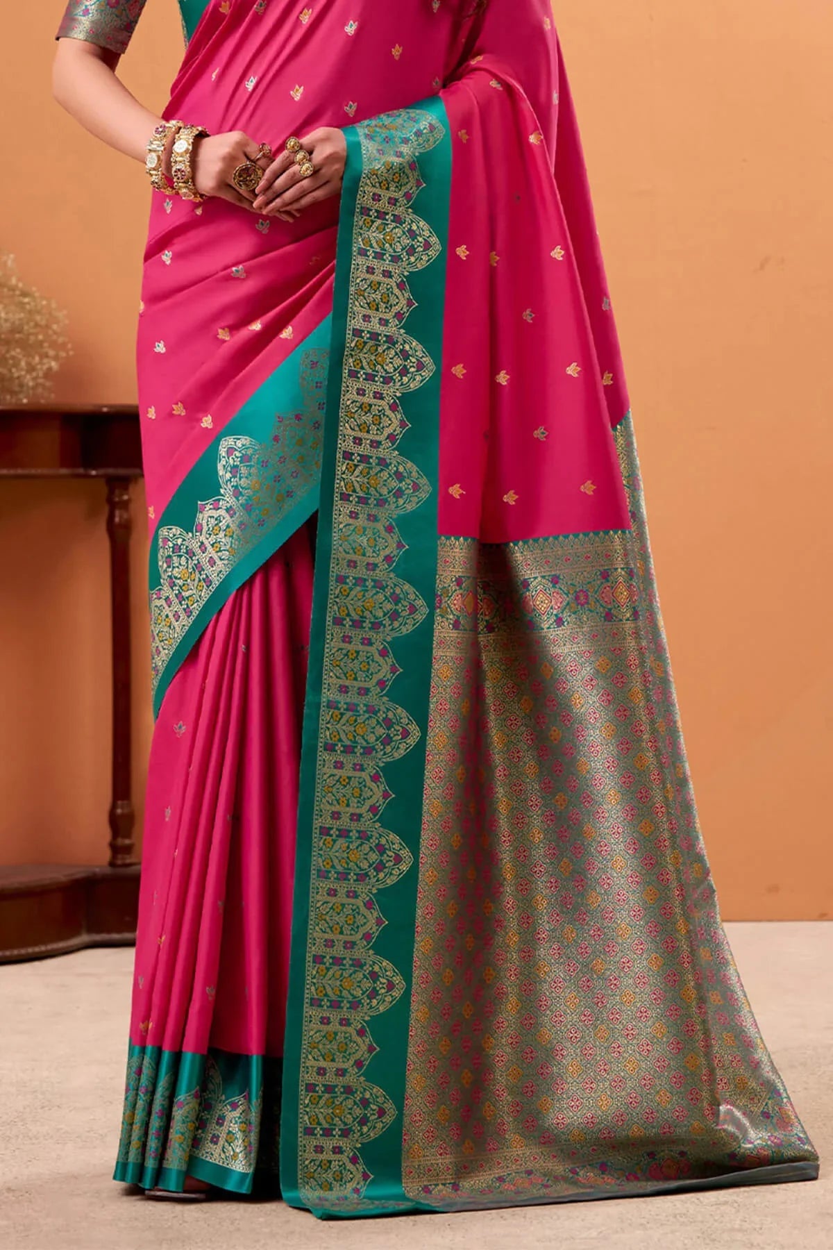 Ratatouille Dark Pink Banarasi Satin Silk Saree With Forbearance Blouse