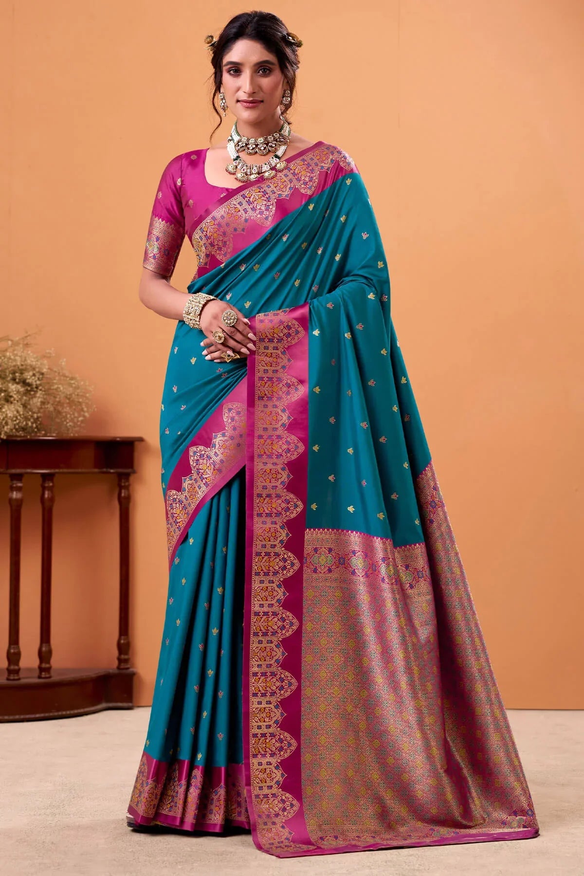 Ratatouille Rama Banarasi Satin Silk Saree With Forbearance Blouse
