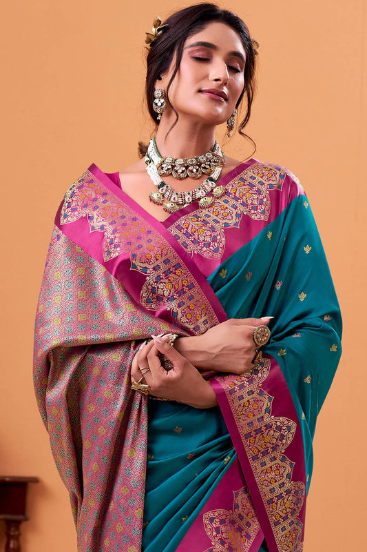 Ratatouille Rama Banarasi Satin Silk Saree With Forbearance Blouse