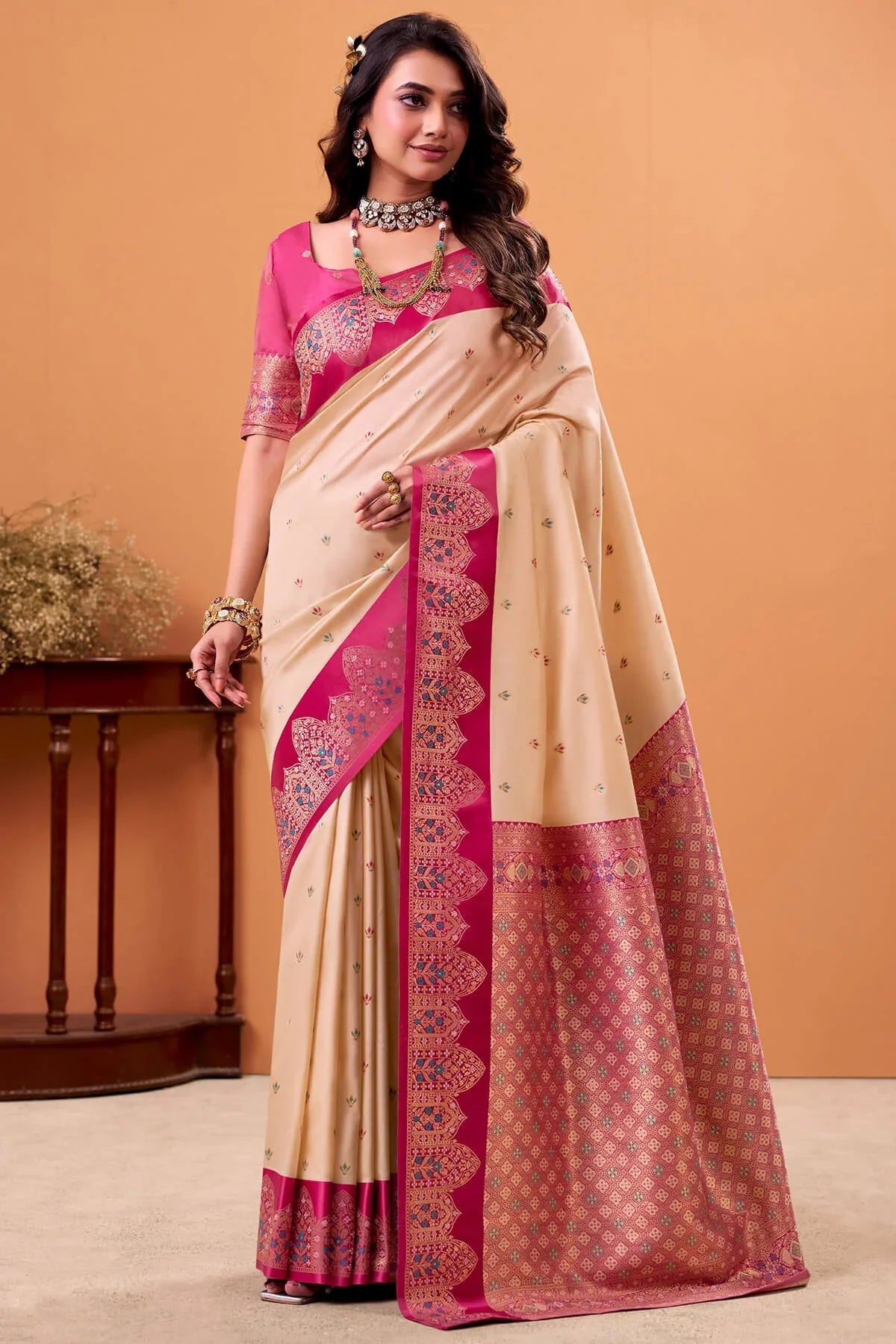 Ratatouille Beige Banarasi Satin Silk Saree With Forbearance Blouse