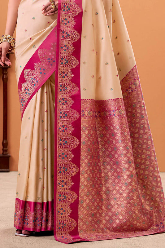 Ratatouille Beige Banarasi Satin Silk Saree With Forbearance Blouse