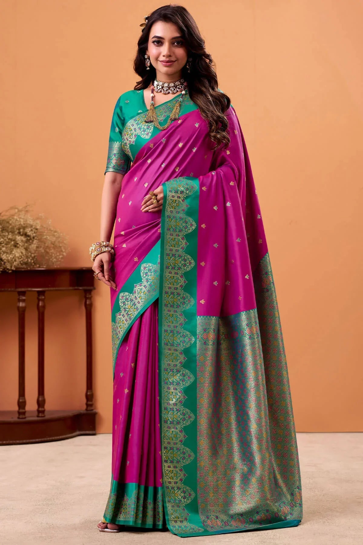 Ratatouille Magenta Banarasi Satin Silk Saree With Forbearance Blouse