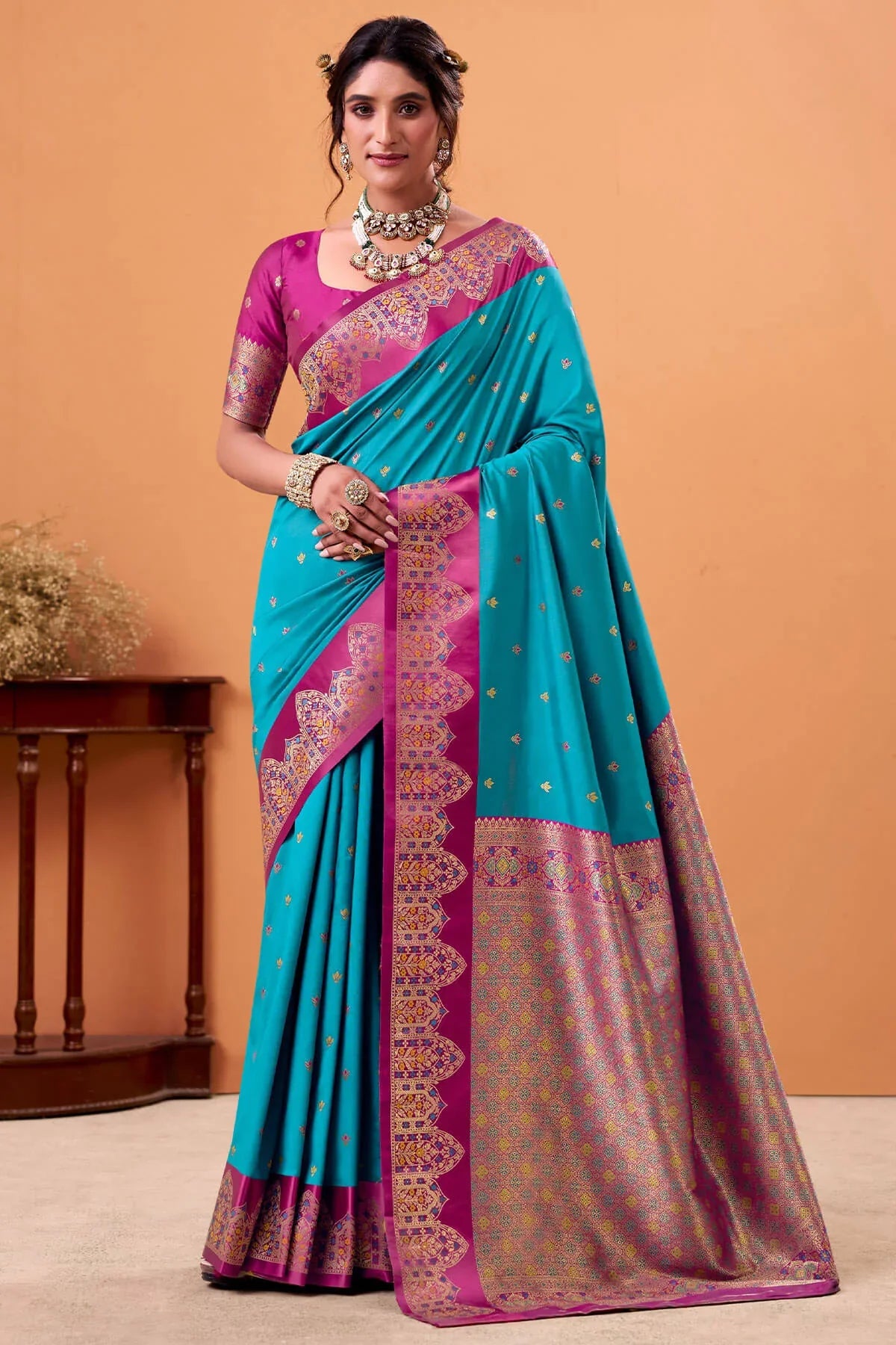 Ratatouille Firozi Banarasi Satin Silk Saree With Forbearance Blouse
