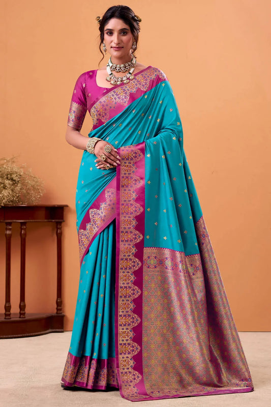 Ratatouille Firozi Banarasi Satin Silk Saree With Forbearance Blouse