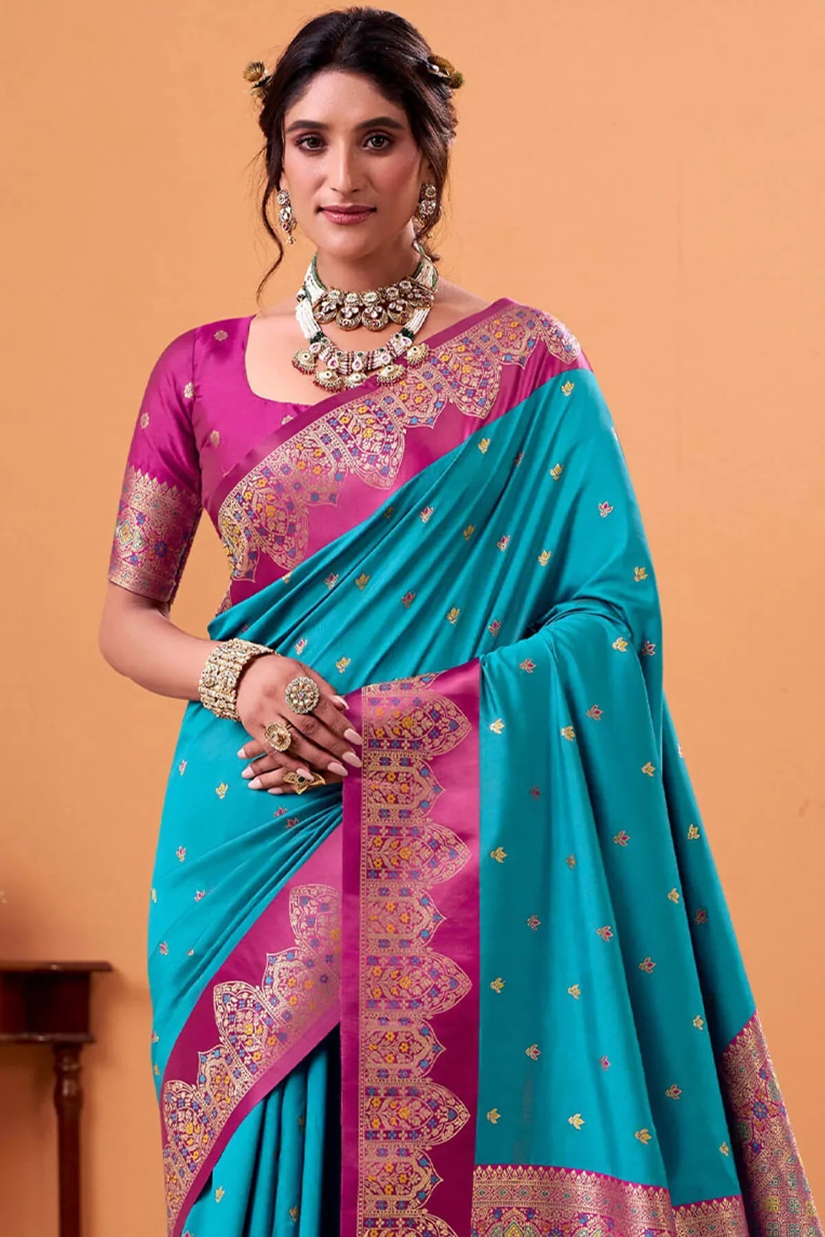 Ratatouille Firozi Banarasi Satin Silk Saree With Forbearance Blouse