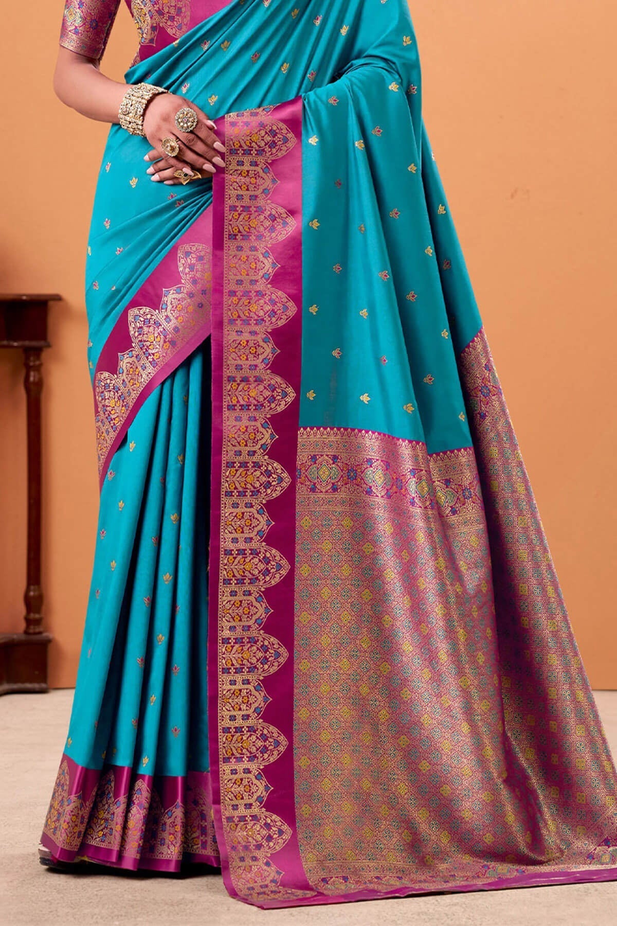 Ratatouille Firozi Banarasi Satin Silk Saree With Forbearance Blouse