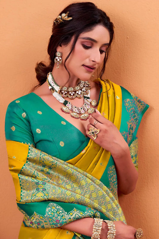 Ratatouille classy Yellow Banarasi Satin Silk Saree With Forbearance Blouse