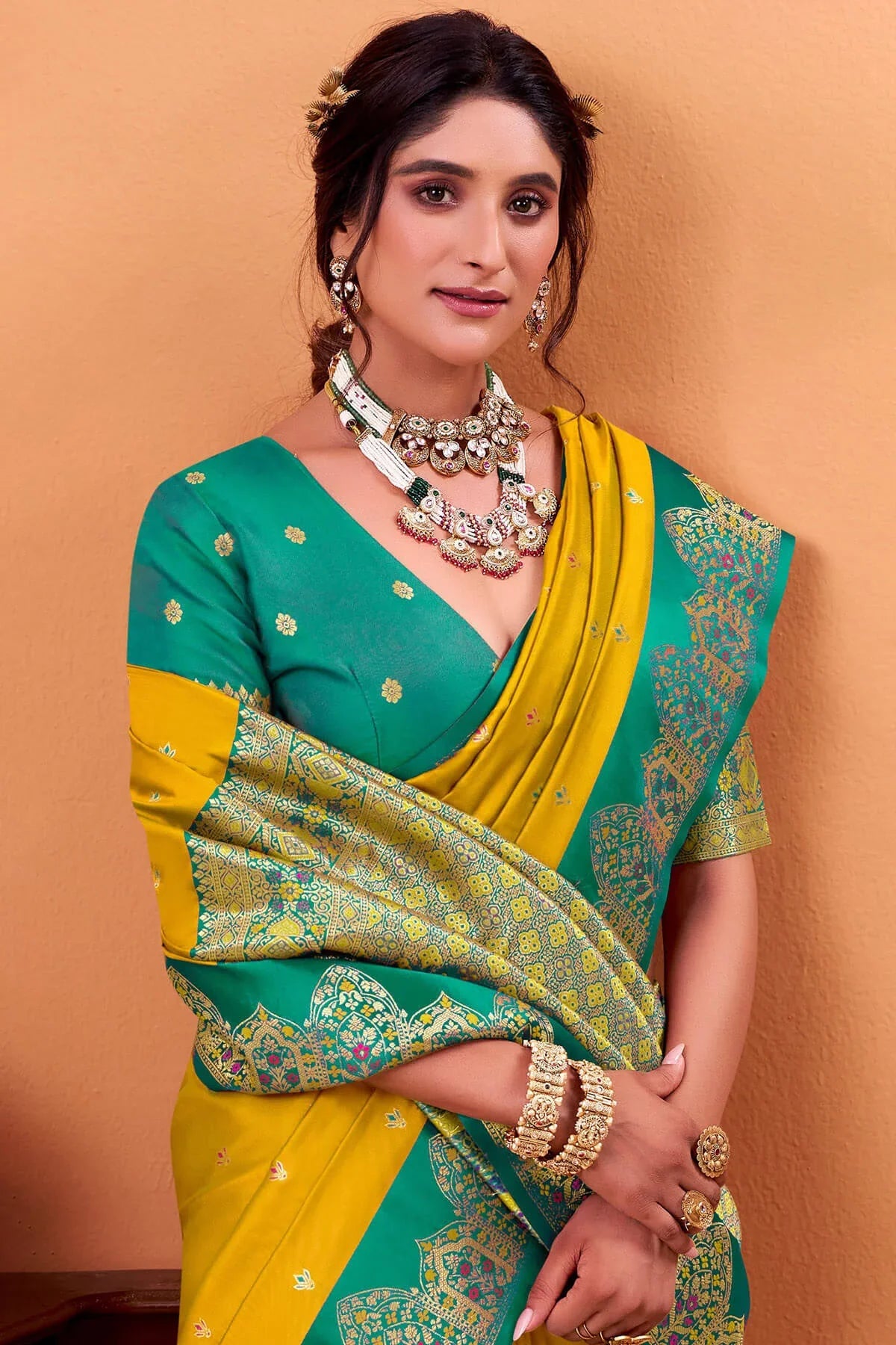 Ratatouille classy Yellow Banarasi Satin Silk Saree With Forbearance Blouse