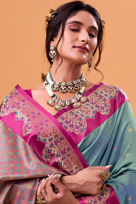 Ratatouille Grey  Banarasi Satin Silk Saree With Forbearance Blouse