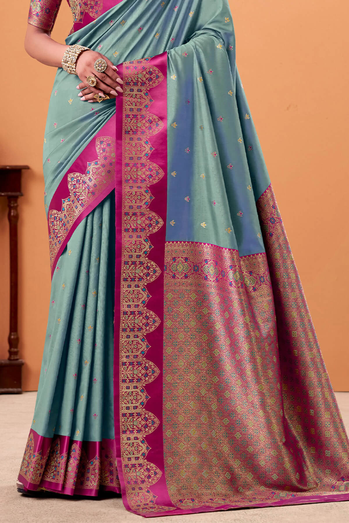 Ratatouille Grey  Banarasi Satin Silk Saree With Forbearance Blouse