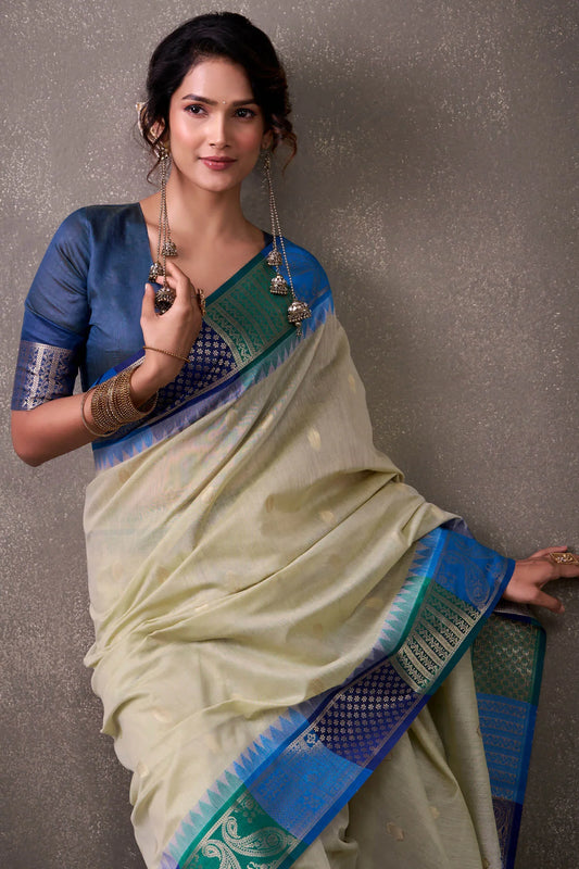 Effulgent Beige & Blue Cotton Silk Saree With Lustrous Blouse Piece