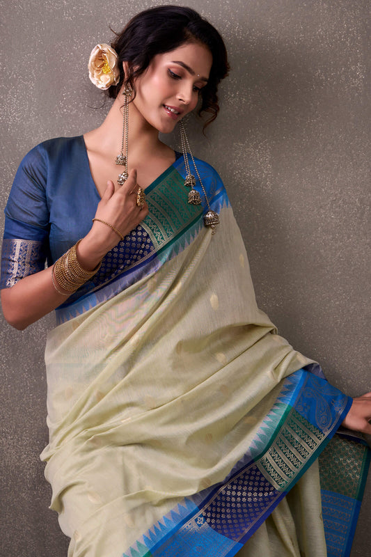 Effulgent Beige & Blue Cotton Silk Saree With Lustrous Blouse Piece
