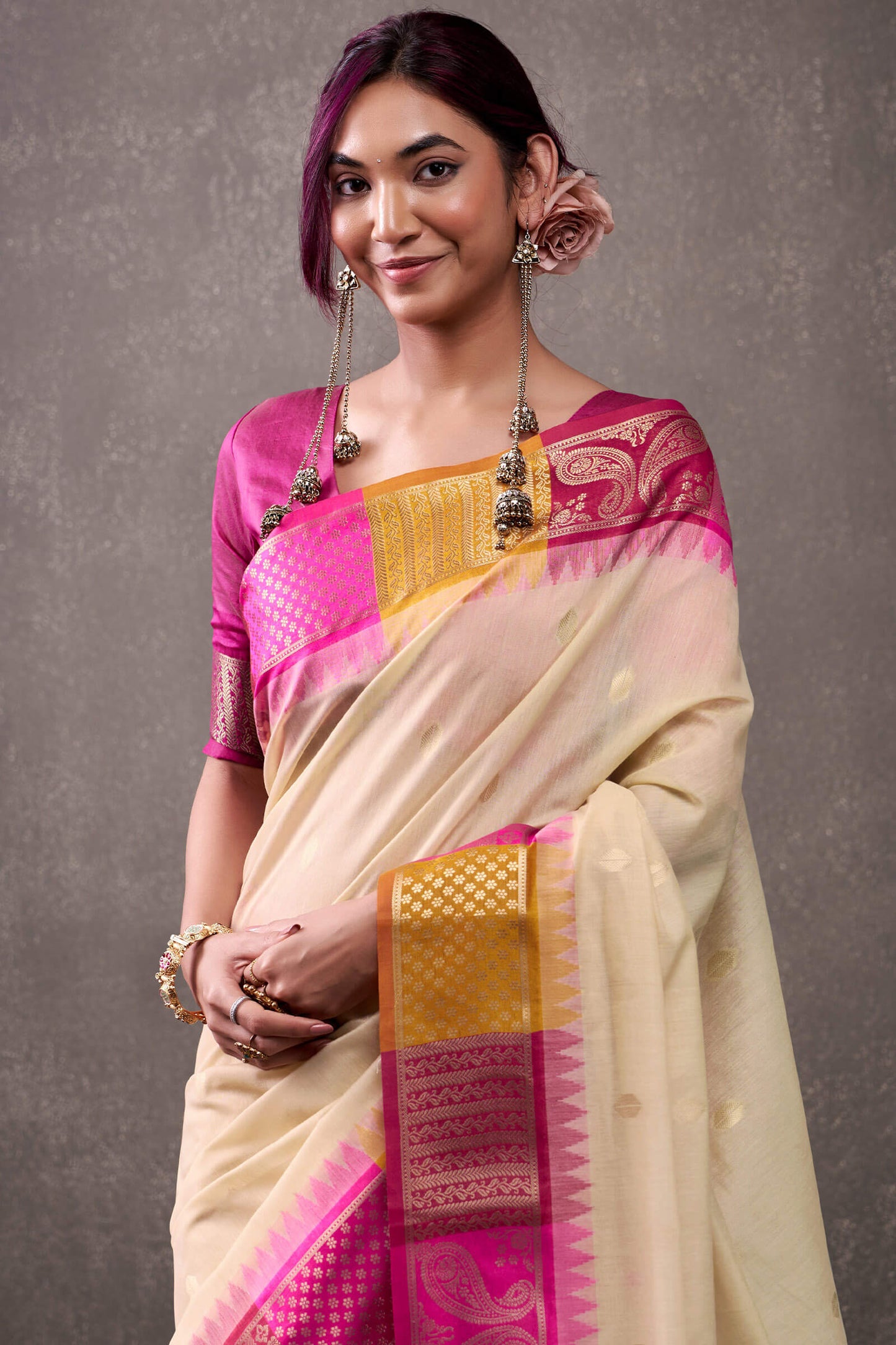 Effulgent Beige & Dark Pink Cotton Silk Saree With Lustrous Blouse Piece