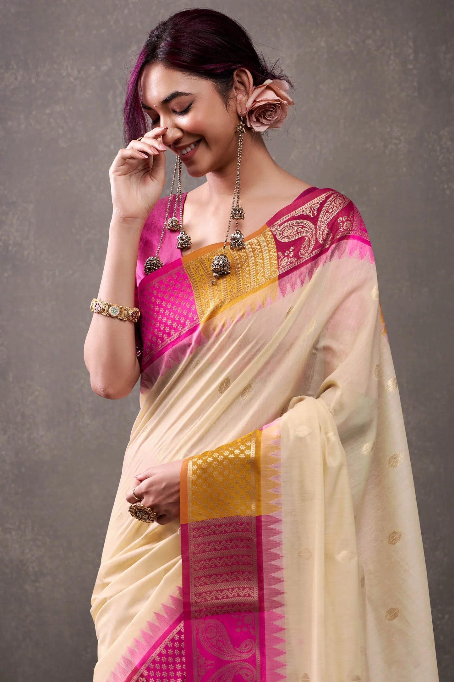 Effulgent Beige & Dark Pink Cotton Silk Saree With Lustrous Blouse Piece